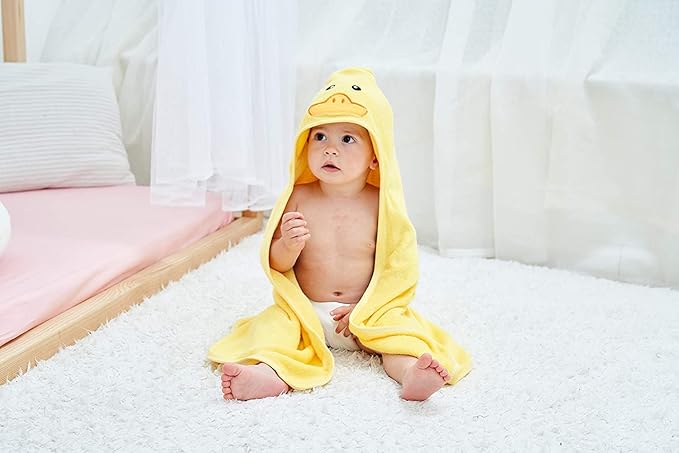HIPHOP PANDA Hooded Towel - Rayon Made from Bamboo, Bath Towel with Bear Ears for Newborn, Babie, Toddler, Infant - Absorbent Large Baby Towel - Yellow Duck, 30 x 30 Inch