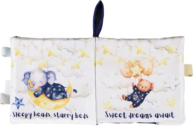 Ali+Oli Baby Cloth Book – Soft Sensory Crinkle Book with Teether for Infants 0-12 Months – Early Learning Touch & Feel Tummy Time Toy – Newborn Shower Gift for Boys & Girls - Good Night