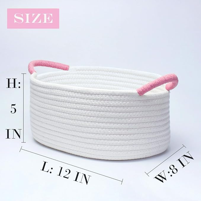 Yimi's Dream Baskets for Gifts Empty, Small Storage Baskets for Shelf, Decorative White Woven Baskets with Pink Handle for Mom, Nursery, Baby Shower, Christmas(Oval, 12"x 8"x 5")
