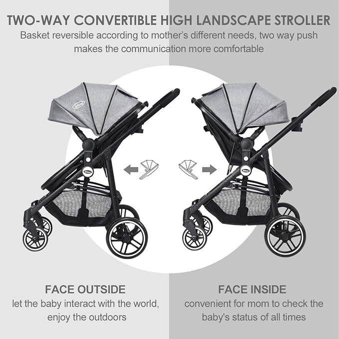 INFANS 2 in 1 Baby Stroller, High Landscape Infant Stroller & Reversible Bassinet Pram, Foldable Pushchair with Adjustable Canopy, Cup Holder, Storage Basket, Suspension Wheels (Volcanic Ash)