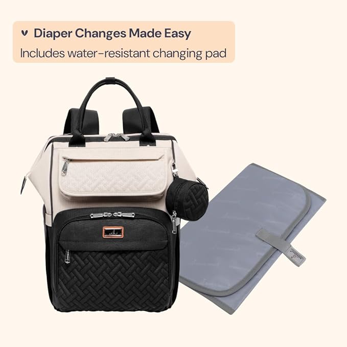 BabbleRoo Diaper Bag Backpack, Multifunction Nappy Changing Bag with Changing Pad, Stroller Straps & Pacifier Case, Unisex Stylish Travel Back Pack for Moms & Dads – Apricot & Black