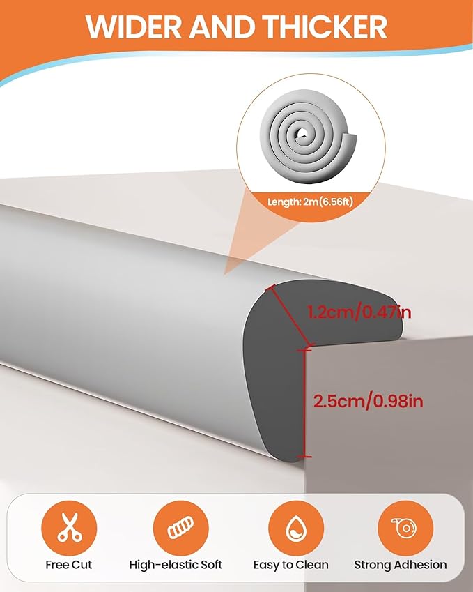 Baby Proof Edge Corner Protector, 6.56FT 0.47''Th L-Shape Furniture Corner & Edge Safety Bumpers with 6 Corners, Pre-Taped, Soft NBR Rubber Foam Desk Edge Cushion Wall Corner Protector(Grey)