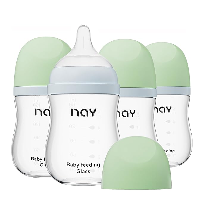 Natural Glass Baby Bottle Wide Neck, Anti-Colic Baby Bottle, Clear, 5.4oz(Pack of 4), Includes 4Pcs Natural Response Nipple(S), 1 Months+