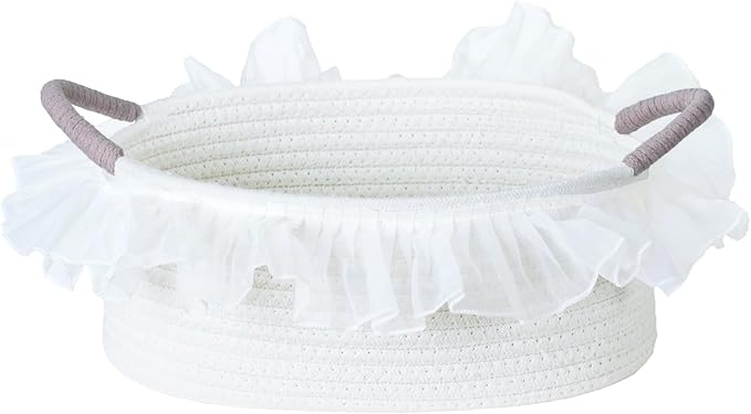 Cotton Rope Gift Basket with Handle– White Woven Storage Basket with Organza Lace, Decorative Bin for Baby Shower, Housewarming, Nursery, Toys, Towels, Baby Accessories, Easter, Holiday Gifts