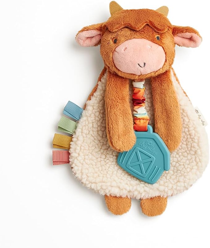 Itzy Ritzy - Itzy Lovey Including Teether - Baby Lovey with Teether, Textured Ribbons & Dangle Arms - Features Crinkle Sound, Sherpa Fabric and Minky Plush (Highland Cow)