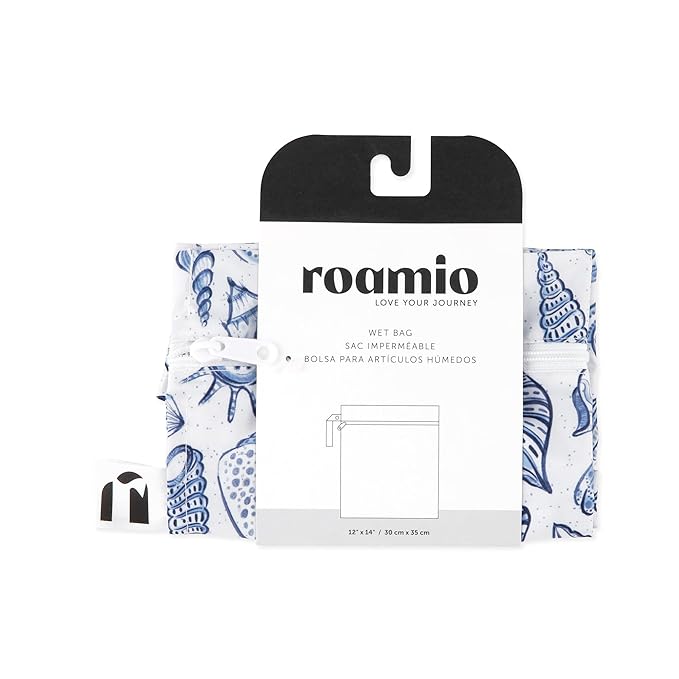 Roamio Waterproof Wet Bag for Baby, Travel, Swim Suit, Cloth Diapers, Pump Parts, Pool, Gym Clothes, Beach, Toiletry, Hook to Stroller, Daycare, Zipper Reusable Bag, Wetdry Packing Pouch, Blue Shells