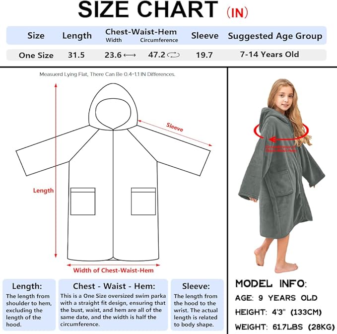 Hiturbo Kids Bath Towel Hoodie: Soft Plush Zipper Surf Poncho - Warm Fleece Changing Towels Swimming Outerwear (Gray)