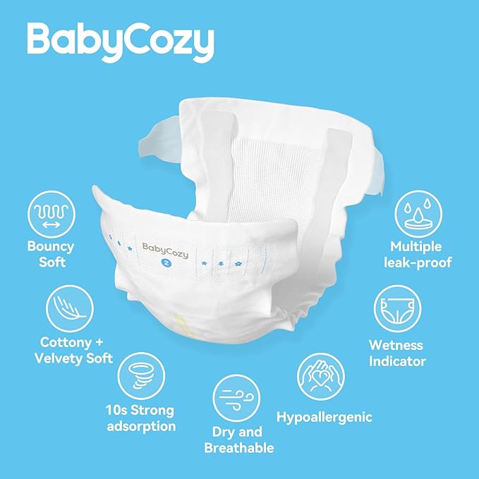 Newborn Baby Diapers Size 2(12-18lb) 74 Count Babycozy Bouncy Soft Diapers Hypoallergenic, Dry Disposable Diapers with Softer Touch 0.8D Diaper &10 Micron Velvet Fiber to Protect Sensitive Infant Skin