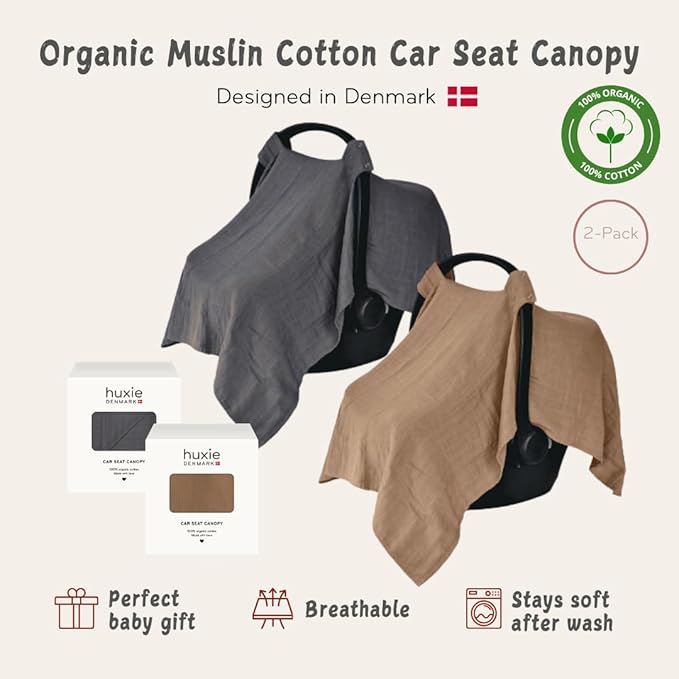 Car Seat Cover Baby - Organic Cotton - Carseat Covers Baby - Carseat Cover - Car Seat Canopy - Carseat Canopy - 100% Muslin Cotton, 43" x 32" 2-Pack (Soft Grey/Natural)