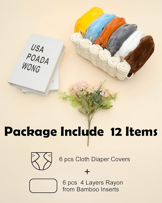 ALVABABY 6 Pack Baby Cloth Diapers Warm for Autumn and Winter with 6pcs 4-Layers Rayon from Bamboo Inserts,Cloth Diaper Covers Adjustable Washable Reusable for Baby Girls and Boys 6BMR01