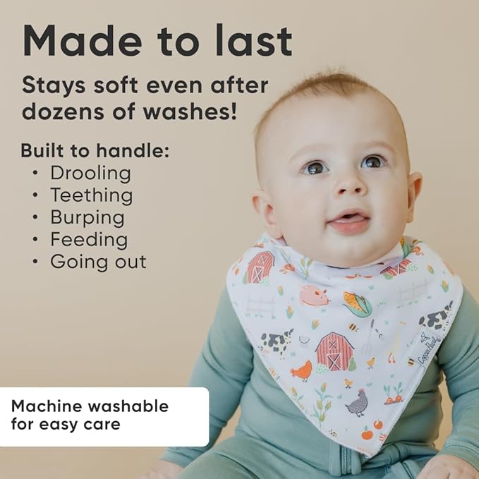 Copper Pearl 4 Pack Soft Cotton Baby Bibs for Drooling and Teething, Absorbent Drool Bibs for Baby Girl and Boy, Adjustable to Fit Newborns to Toddlers, Tons of Styles (Farmstead)