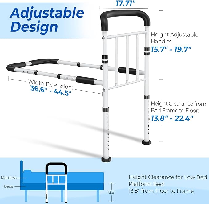 Bed Rails for Elderly Adults Safety - ASTM-Certified Adjustable Bed Cane with Non-Slip Ergonomic Handle & Storage Pocket, 2026 Upgrade 400 LBS Stable Bed Assist Rails for Seniors, Tool-Free