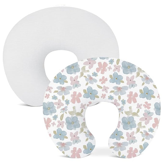 Nursing Pillow Covers 2 Pack, Muslin Nursing Cover for Breastfeeding Pillows, Comfortable for Baby Girls and Boys Covers (Flower-C & White)