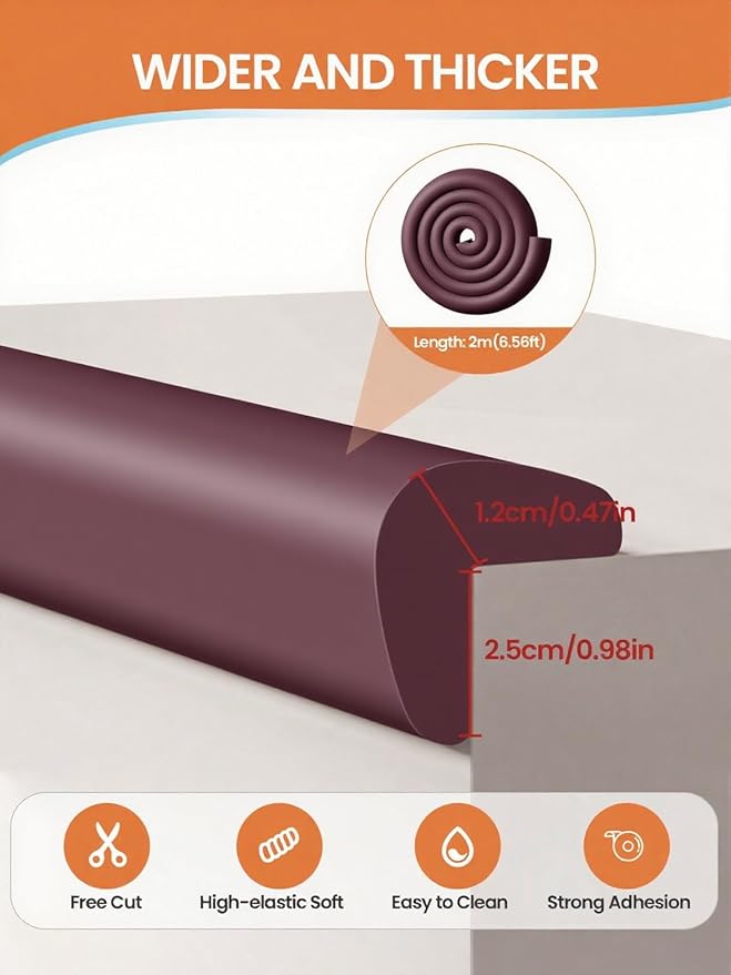 Baby Proof Edge Corner Protector, 6.56FT 0.47''Th L-Shape Furniture Corner & Edge Safety Bumpers with 6 Corners, Pre-Taped, Soft NBR Rubber Foam Desk Edge Cushion Wall Corner Protector(Brown)
