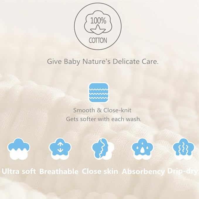 MUKIN Baby Washcloths - Natural Cotton Baby Wipes - Soft Newborn Face Towel for Sensitive Skin - 10 Pack, 12x12 inches (Multicolored)