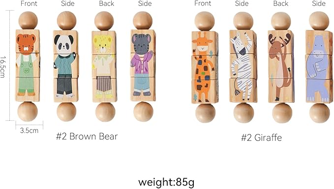 Promise Babe Wooden Animal Puzzle Toy for Toddlers 1-3, Rotating Spin Twist Blocks Set of 2, Learning Educational Montessori Toy Gifts for Kids Boys Girls, Giraffe & Brown Bear