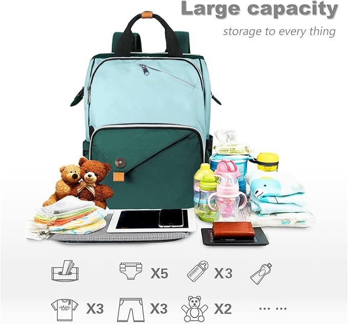 Hap Tim Baby Diaper Bag for Boys Girls, Large Backpack Diaper Bags with Double Compartments, Baby Registry Search Shower Gifts Stuff Newborn Must Haves, Green(7340-GR)