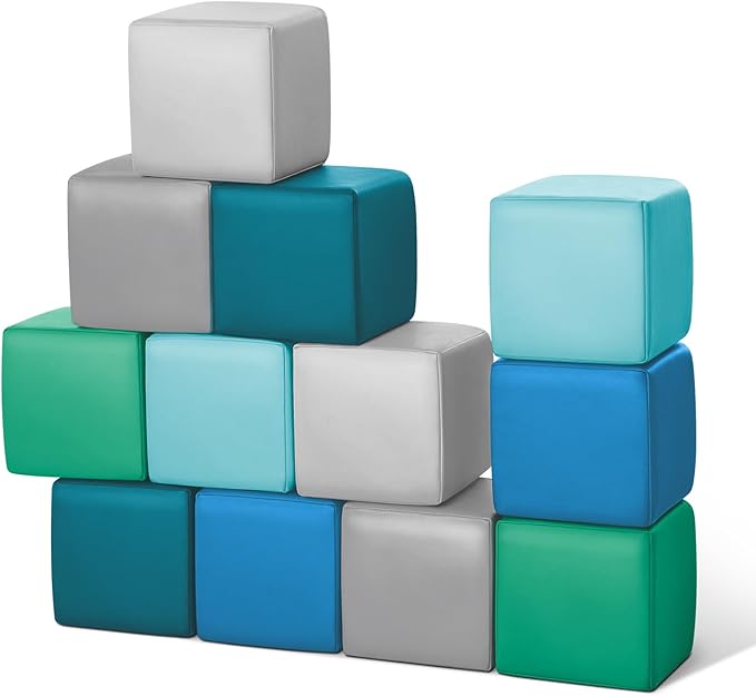 Foam Building Blocks for Toddlers:12-Pieces Wipeable Leather Stacking Cubes Kids - Large Soft Toys Play Set for Learning Construction Baby Preschool Daycare Therapy Birthday Gift (Modern)