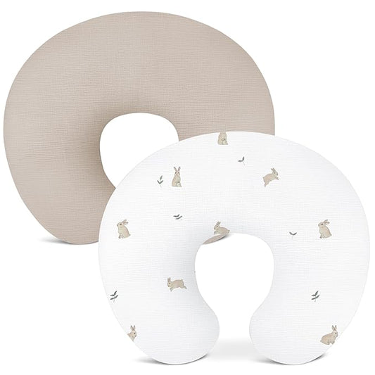 Nursing Pillow Covers 2 Pack, Muslin Nursing Cover for Breastfeeding Pillows, Comfortable for Baby Girls and Boys (Rabbit-A & Beige)