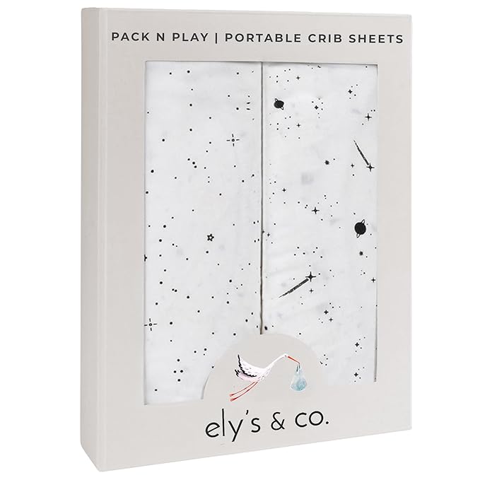 Ely’s & Co. Pack and Play Sheets, for Mini/Portable Crib, 2 Pack Fitted Playpen Play Yard Sheet Set Compatible with Graco Pack n Play, 100% Cotton, Black and White Celestial, 38”x24”x5”