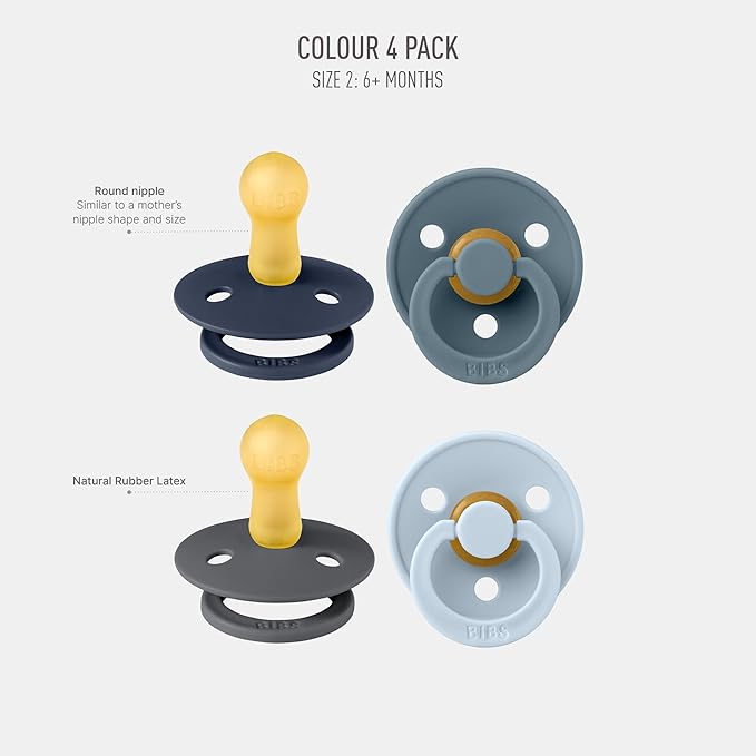 BIBS Colour Soother 4-Pack | BPA Free Dummy Pacifier | Round Nipple | Natural Rubber Latex | Made in Denmark | Size 6-18 Months | Deep Space Mix