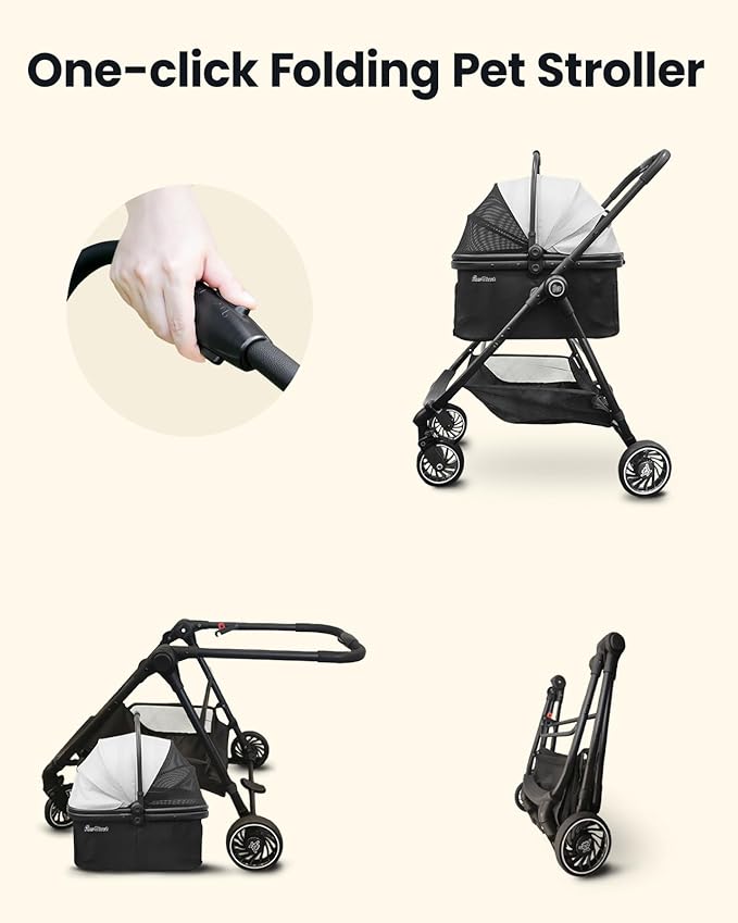 Pet Stroller for Small Dogs and Cats, One-Click Foldable Dog Stroller with Detachable Carrier & 3 Safety Tethers, Holds up to 33 lbs, Storage Basket & Cup Holder, Breathable Mesh, Black