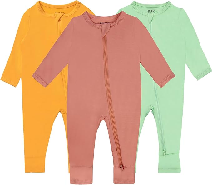 GUISBY Baby Pajamas with Mitten Cuffs - 3Pcs Girls Boys 2 Way Zipper Long Sleeve Rayon Sleepers