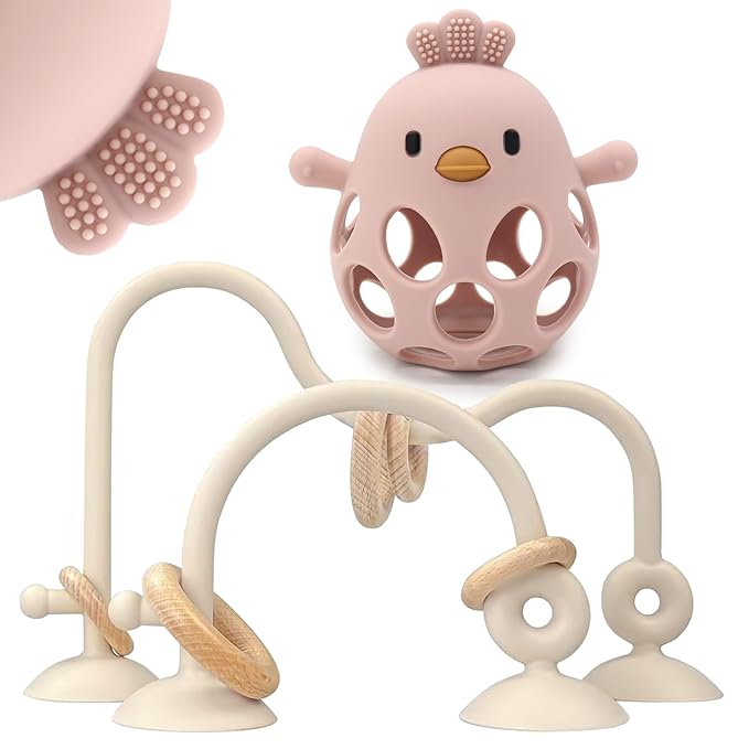 Baby High Chair Suction Toys Teething Chew - Baby Table Toys, Teething Toys Silicone Teethers, Food Grade Silicon for 6 12 18 Months (Beige Rosepink)