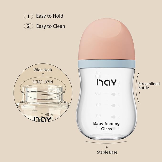 Natural Glass Baby Bottle Wide Neck, Anti-Colic Baby Bottle, Clear, 5.4oz(Pack of 2), Includes 2Pcs Natural Response Nipple(S), 1 Months+