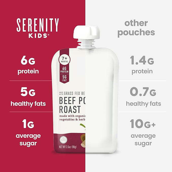 Serenity Kids 7+ Months Beef Pot Roast Bone Broth Puree Baby Food Pouches - BPA-Free Toddler Pouch w/Grass Fed Beef & Organic Veggies - Clean Label Project Purity Award Certified - 3.5 Oz, 12 Pack