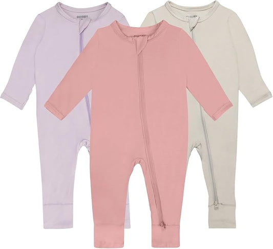 GUISBY Baby Pajamas with Mitten Cuffs - 3Pcs Girls Boys 2 Way Zipper Long Sleeve Rayon Sleepers