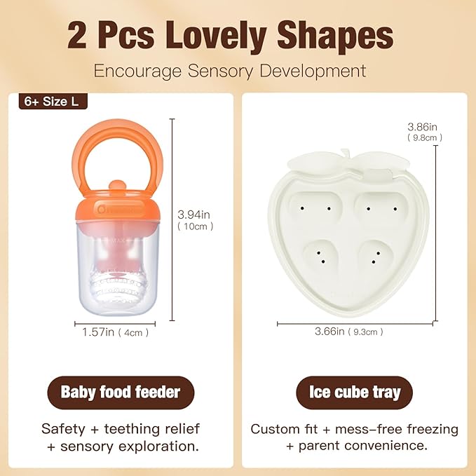 Silicone Baby Fruit Food Feeder & Breastmilk Popsicle Molds Combo, Silicone Feeder for Safe Infant Self Feeding, 6+ Month (Orange)