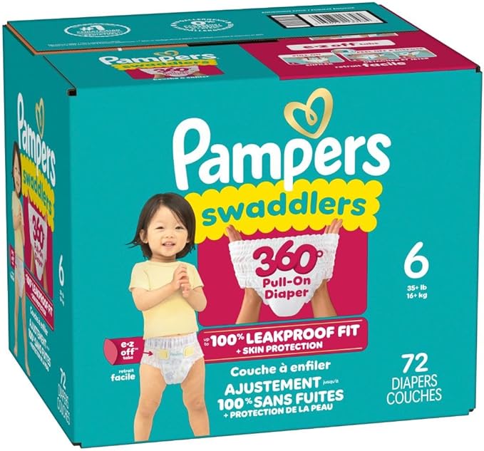 Pampers Diapers - Swaddlers 360° - Size 6, 72 Count, up to 100% Leakproof Comfy Dry Fit, Designed for Easy Changes, Pull On Baby Diaper (Packaging May Vary)