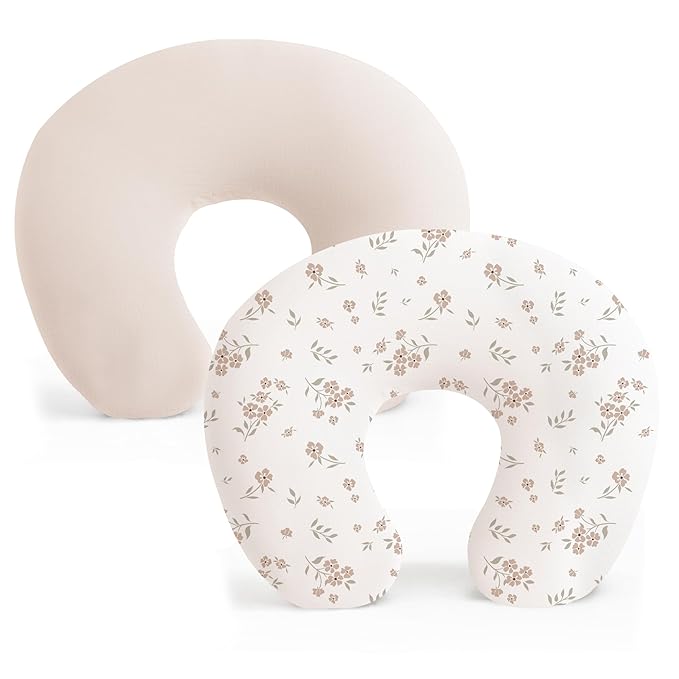 Konssy 2 Pack Nursing Pillow Covers, Stretchy and Soft Nursing Cover for Breastfeeding, Pillow Slipcover for Baby Girls Boys Newborn (Beige, Blossom)