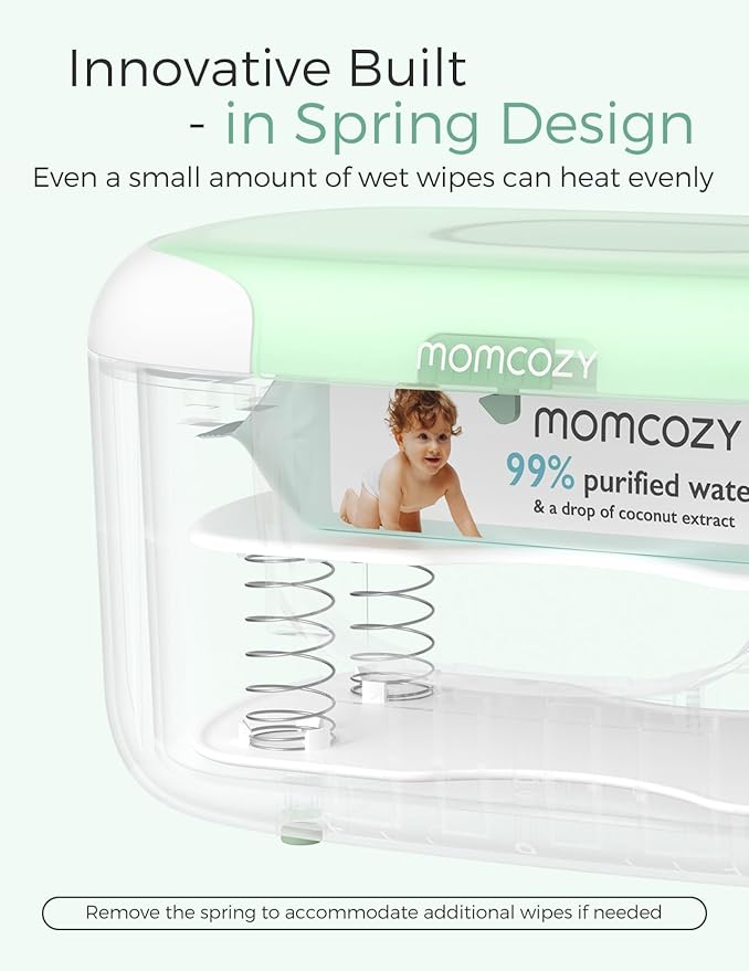 Momcozy New Baby Wipe Warmer, Large Capacity Wipe Dispenser Compatible with 60-80pcs,10-Min Fast Heating,4 Temperature Modes,Innovative Spring Design,Silicone&Top Seals,Even Heating,3-Level Nightlight