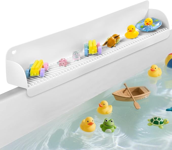 24 Inch Bathtub Splash Guard with 10 Suction Cups, Silicone Tub Water Splash Guard for Bathtub, Bath Toy Tray Holder Play Shelf for Kids, Universal for Bathroom, Kitchen Sink (White)