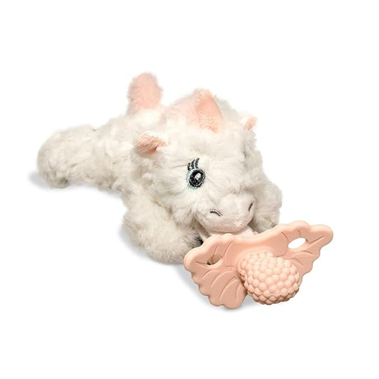 RaZbaby Unicorn RaZbuddy w/RaZberry Teething Relief Pacifier – Soothes Sore Gums w/Nature-Inspired Texture, 100% BPA-Free Silicone Teether, Detachable Stuffed Animal – 3 Months+ Teether, Pink