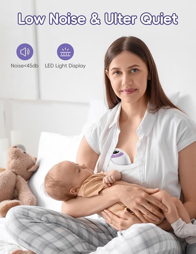 b&h Breast Pump Hands Free with Night Light, S33 Portable Electric Wearable Breastfeeding Pump, 4 Modes & 9 Levels, 17/19/21/24/27mm Flange, Baby Mouth Double-Sealed Flange, Milk Pump for Moms -Purple