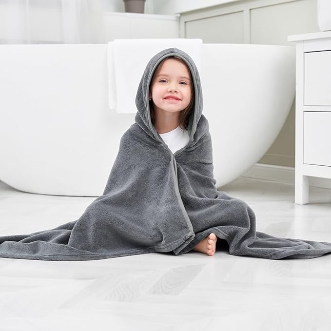 Hiturbo Kids Fleece Hooded Bath Towel: Soft Plush Pool Beach Towel Blanket - 50"x30" Toddler Towels Wrap for Boys Girls 3-12 Years (Gray)