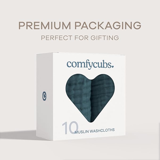 Comfy Cubs Muslin Baby Washcloths 10 Pack - Soft 6-Layer Cotton Wash Cloths for Sensitive Skin - 10"x10" Large, Gentle, Absorbent Infant Essentials for Newborn and Toddlers - Neptune