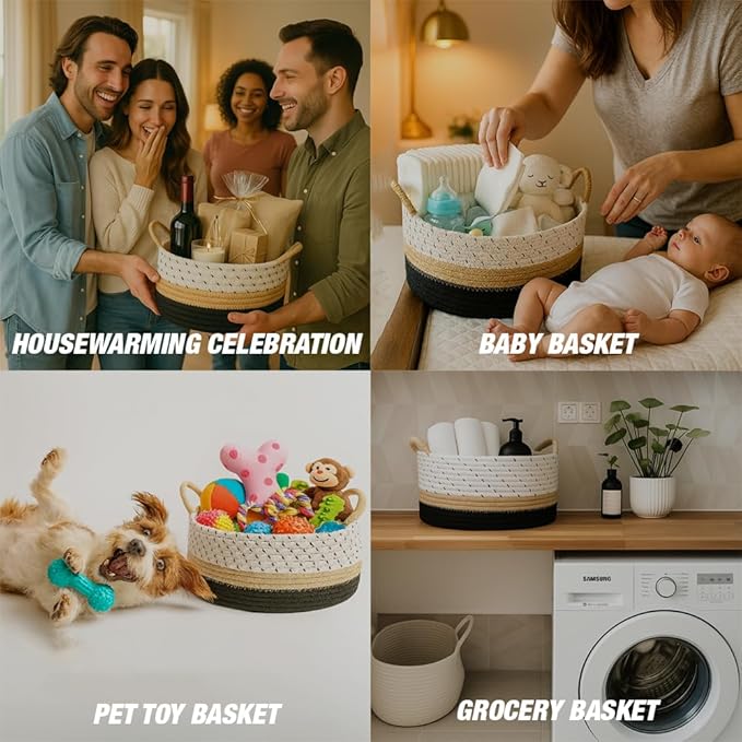 Yimi's Dream Cotton Rope Basket – Woven Gift Basket with Handles, Decorative Storage Basket for Baby Shower, Housewarming, Nursery, Toys, Laundry, Towels