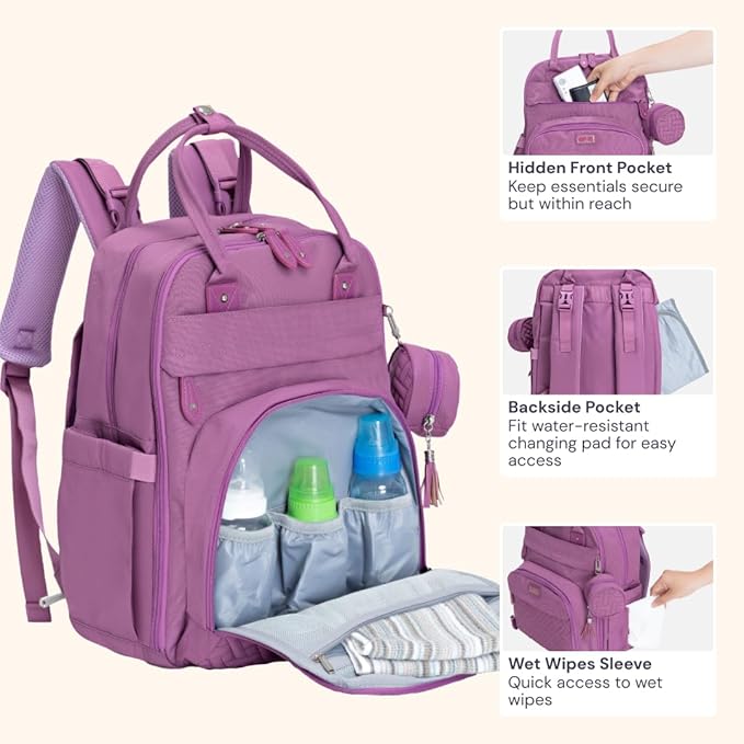 BabbleRoo Diaper Bag Backpack - Baby Essentials Travel Tote - Multi Function Water Resistant Diaper Bag, Travel Essentials Baby Bag with Changing Pad, Stroller Straps & Pacifier Case - Unisex, Purple