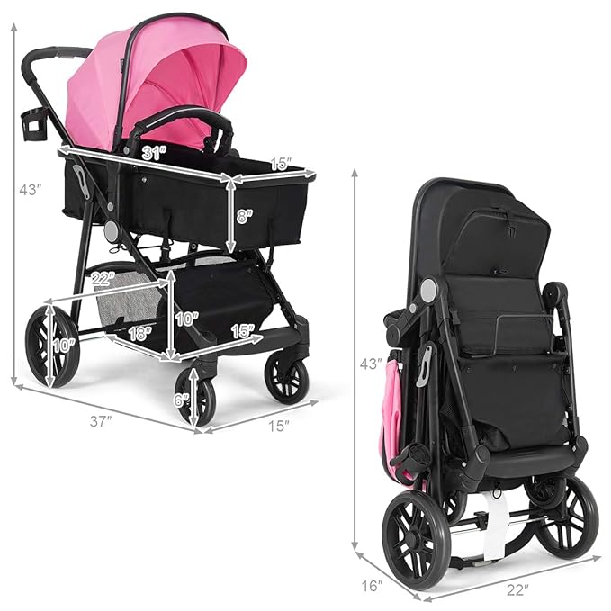BABY JOY Baby Stroller, 2 in 1 Convertible Carriage Bassinet to Stroller, Pushchair with Foot Cover, Cup Holder, Large Storage Space, Wheels Suspension, 5-Point Harness (Pink)