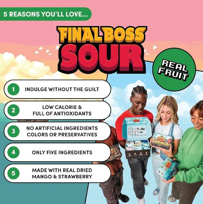 Final Boss Sour Candy, Chewy Dried Strawberry & Mango, 4 Pack, Level 2, Sour Fruit Chews with Real Dried Fruit, No Artificial Colors or Flavors, Low Calorie Snack for Kids, Teens, Adults & On The Go