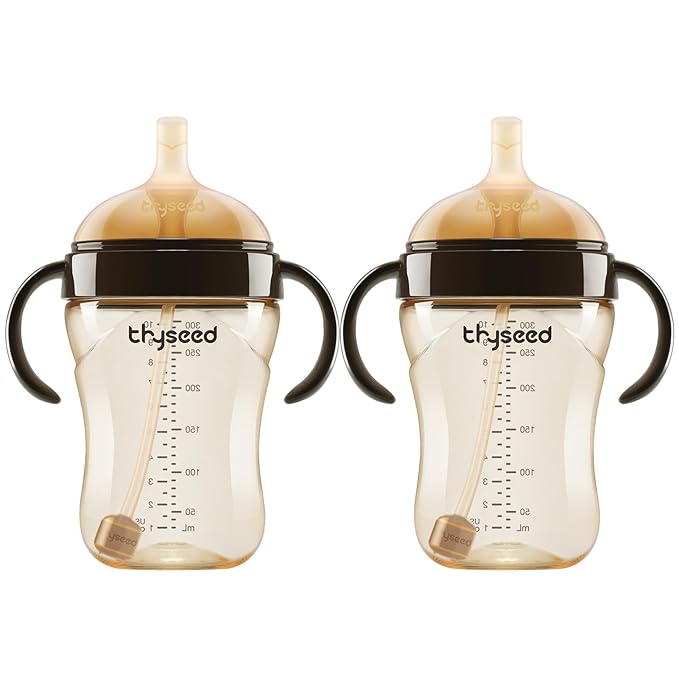 Thyseed PPSU Weighted Straw Cup with Handles Toddlers Transition Bottles to Sippy Cups No Spill Learner Milk Water Baby Bottle Soft Silicone Spout Dishwasher Safe BPA Free 6+ Months 10oz/300mL 2 Pack