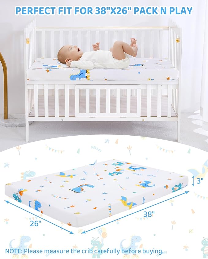 Pack and Play Mattress - 38" x 26" Soft Breathable Portable Mattres Waterproof & Washable Perfectly fits Pack n Play