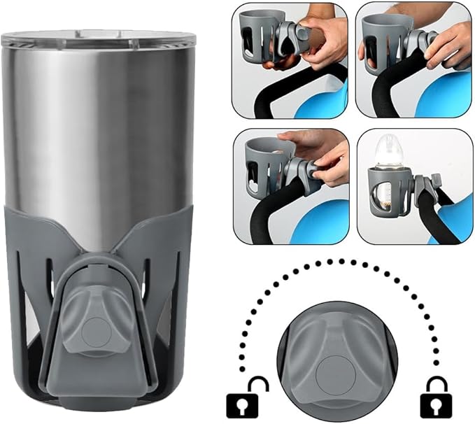 New Cup Holder Compatible with UPPAbaby Cup Holder (for Vista, Cruz and Minu). A Solid Super Secure Fit. 360 Degrees Rotatable. Anti-Shake Spill Resistant. (Gray)
