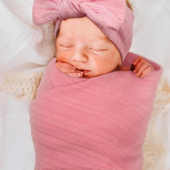 Newborn Receiving Blanket with Bow Hat Headband Wooden Card Set Wheat-Pattern Newborns Toddler Baby Boy Girl Nursery Swaddle Wrap
