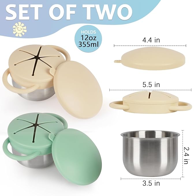 2 Pack 304 Stainless Steel Snack Cups for Toddlers, Toddler Snack Containers with Spill-Proof Silicone Travel Lid & Handle, Dishwasher Safe, Removable Snack Cup for Baby, Toddler, Kids