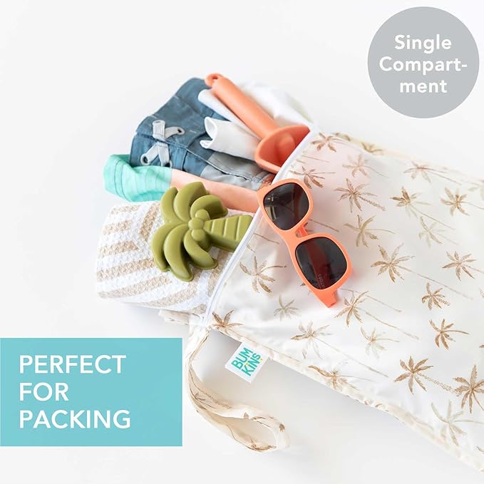 Bumkins Waterproof Wet Bag for Baby, Travel, Swim Suit, Cloth Diapers, Pump Parts, Pool, Beach, Gym Clothes, Toiletry, Hook to Stroller, Daycare, Zipper Reusable Wetdry Packing Pouch, Palm Trees